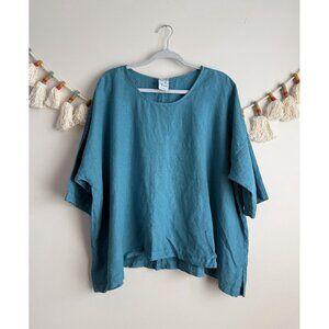 La Fixsun 100% Linen Asymmetric Half Sleeve Turquoise Top Lagenlook Coastal S